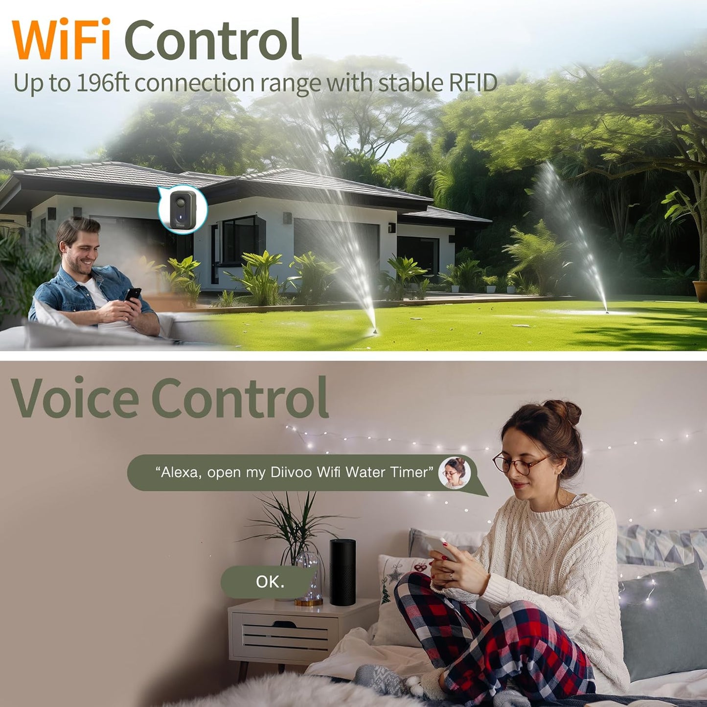 Diivoo Smart Garden Watering System, WiFi Timer with 4 Outlets Compatible with Alexa, 24 Custom Irrigation Plans, Rain Delay Function, and Dual Watering Modes for Lawns & Yards