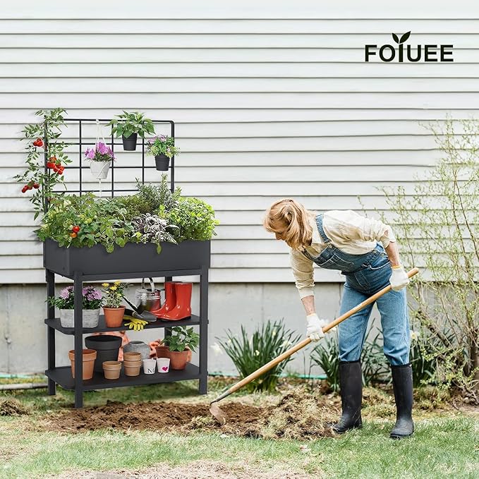 Metal Raised Garden Bed with Trellis, Elevated Planter Box with Legs for Outdoor Patio, Iron Standing Garden Box for Vegetables, Herbs, Flowers, Climbing Plants