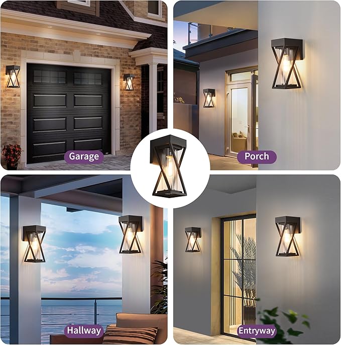 Outdoor Wall Lights Set of 2, Exterior Sconce Lighting Fixtures, Black Outdoor Porch Lights, Outdoor Wall Lantern with Clear Stripe Glass for Patio, Garage