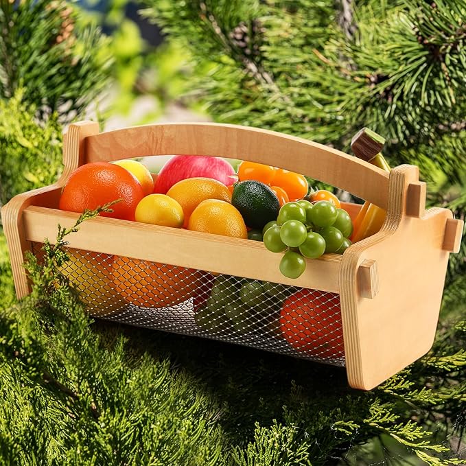 Garden Harvest Basket Mesh Storage with Handle Versatile Gardening Fruits Vegetables Gathering Basket Garden Supply Gardener Gift Spring for Washing Holding (Wood Color,13.4in)