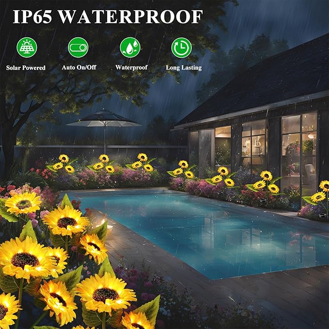 2-Pack Solar Powered Sunflower Garden Lights, LED Outdoor Decor Solar Light Flowers for Yard Patio Ground Lawn Landscape, Decorative Flower Bright Night Outside
