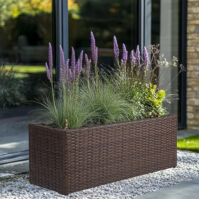 LEWIS&WAYNE Large Rectangular Block Planter Box Handmade Wicker Tall Planters for Outdoor Plants with Removable Liners Modern Planter for Indoor Outdoor Patio Deck - Brown, 30''x12''x16''