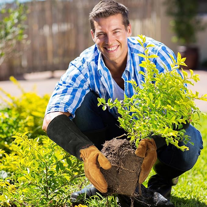 HANDLANDY Leather Gardening Gloves for Men & Women, Rose Pruning Thorn Proof Garden Glove, Long Sleeve Gauntlet Gloves (Black-brown, Medium (Pack of 1))