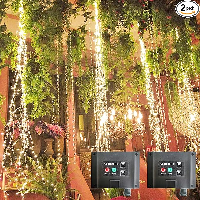 2 Pack 220 LED Firefly Bunch Lights, 8 Flashing Modes Waterproof Copper Wire Waterfall Lights, Fairy Lights for Indoor Outdoor Decor (Solar Warm White)