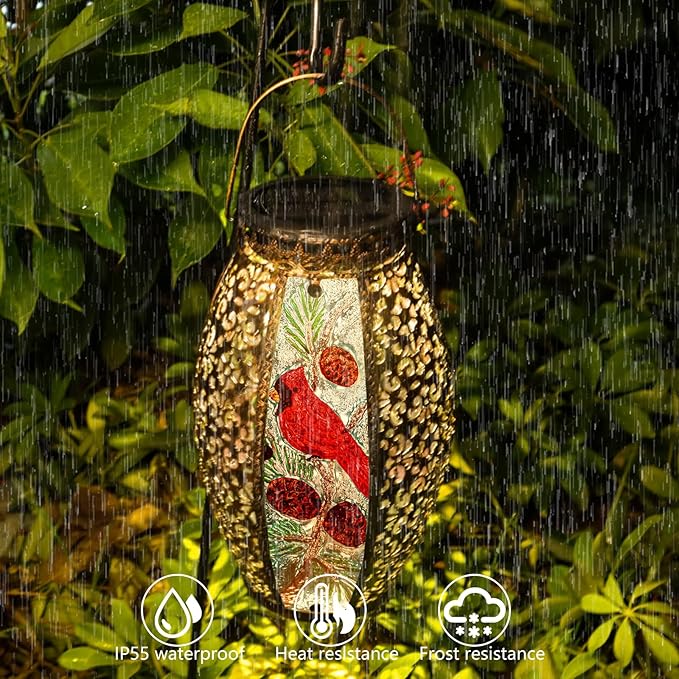 Solar Lanterns Outdoor Hanging Light - Cardinal Solar Powered LED Glass Lights Decorative Waterproof Tabletop Lamp with Hollowed-Out Design for Yard Table Patio Garden Pathway Holiday