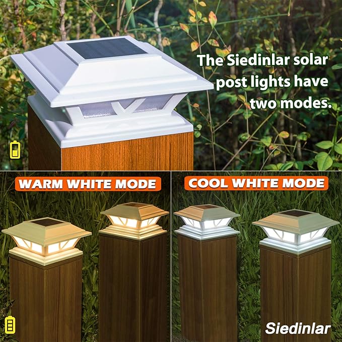 SIEDiNLAR Solar Post Lights Outdoor 2 Modes LED Fence Deck Cap Light for 4x4 5x5 6x6 Posts Garden Patio Decoration Warm White/Cool White Lighting White (6 Pack)