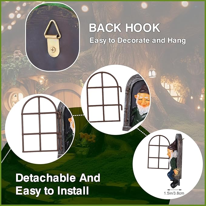 7 Pcs Fairy Garden Accessories Tree Hugger Gnome Statue Fairy Door Window Set Dwarf Elf Landscape Figurine Out The Door Resin Sculpture Hanging Tree Faces Decor for Trees Outdoor Decor