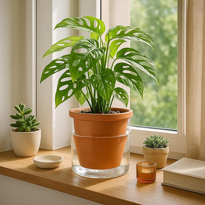 D'vine Dev 6 Inch Design Self Watering Pot for Indoor Plants, Terracotta Planter with Cylinder Glass Cup, Set of 2, 37-Y-B-1