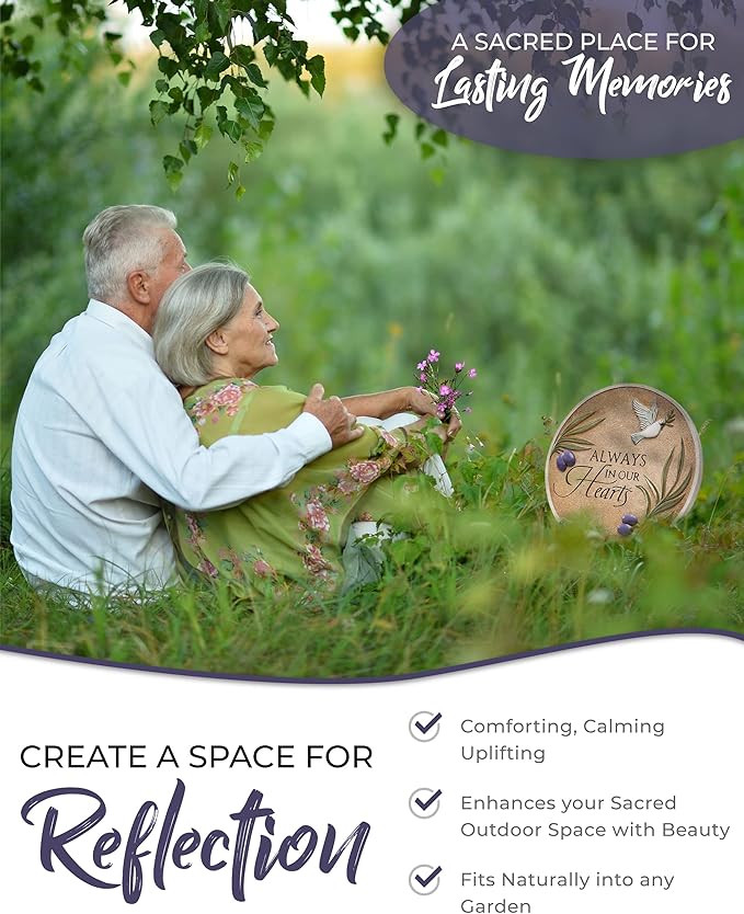 10-Inch Garden Memorial Stone with Included Plaque Stand & Sympathy Card, Memorial Plaques for Outdoors with Peace Dove Amongst Olive Branches, Memorial Stepping Stone for Loss of Loved One