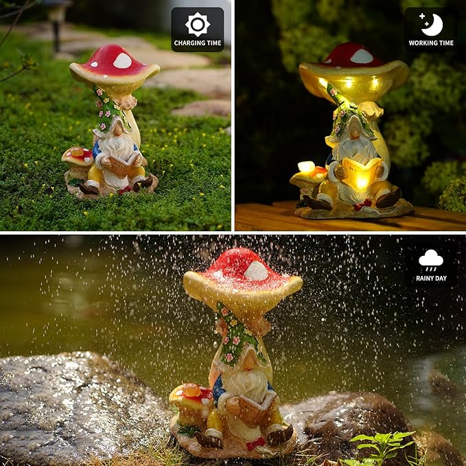 Upgraded Size Solar Garden Outdoor Statues Gnome Reading Under Mushroom with 5 LED Solar Figurine for Lawn,Patio,Balcony,Yard Decor Unique Housewarming Gift for Grandfather, Father,Grandma,Wen