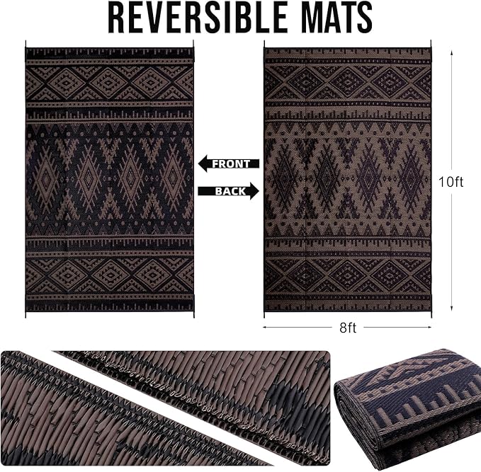 OLANLY Outdoor Rug Waterproof 8x10 ft, Reversible Outdoor Plastic Straw Rug, Boho Patio Rug, Indoor Outdoor Carpet, RV Mat Outside for Patio, Camp, Picnic, Balcony, Deck, Backyard, Black & Brown