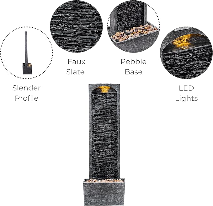 Teamson Home 38.5" Faux Slate Contemporary Outdoor LED Waterfall Fountain with Pebble Base, Gray/Black