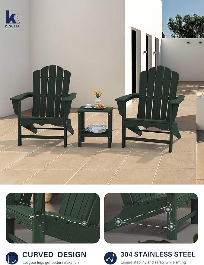 KINGYES HDPE Adirondack Chair Set of 6, Classic All-Weather Adirondack Chair, Green