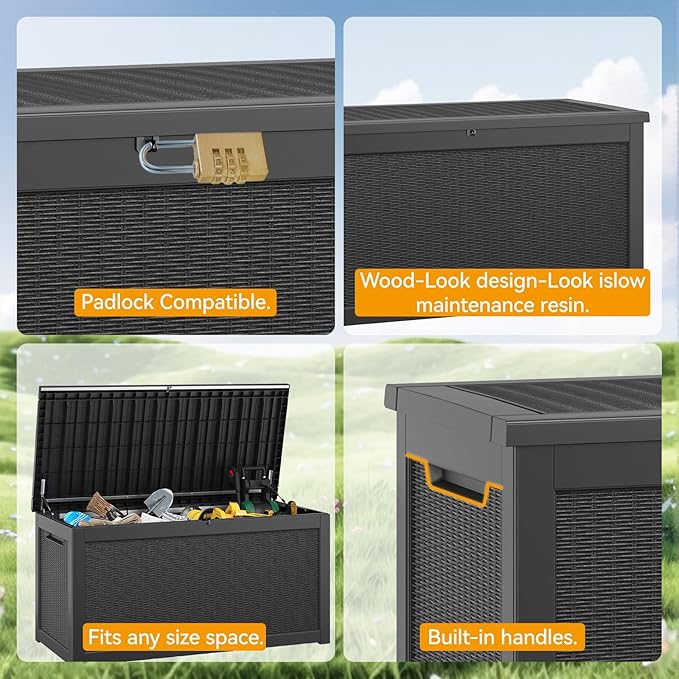 KAMABOKO 260 Gallon Outdoor Storage Box, Resin Deck Boxes Indoor and outdoor, Waterproof Storage Box Lockable Lid for Garden Tools, Package Delivery, Patio Cushions, Black