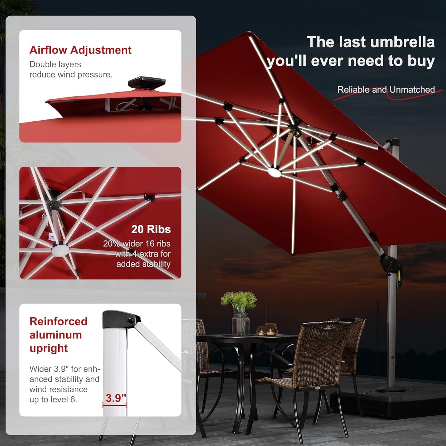 PURPLE LEAF 10 Feet Double Top Deluxe Solar Powered LED Square Patio Umbrella Offset Hanging Umbrella Outdoor Market Umbrella Garden Umbrella, Terra