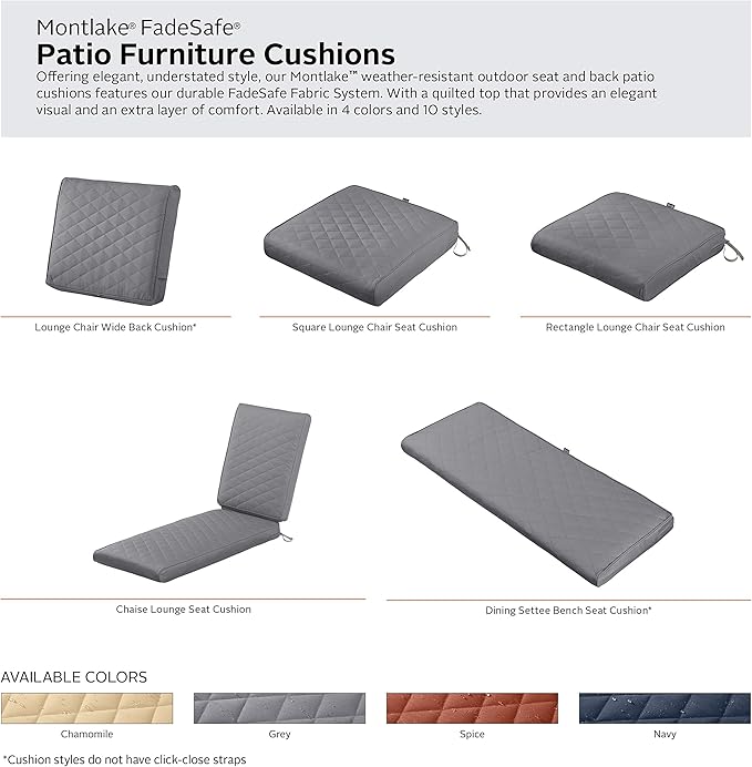 Classic Accessories Montlake FadeSafe Water-Resistant 25 x 22 x 4 Inch Wide Back Patio Quilted Lounge Cushion, Grey