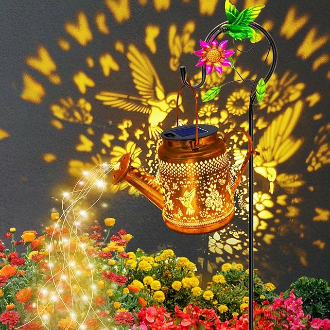 Solar Lanterns Outdoor Waterproof,Hummingbird Watering Can Garden Decor,Hanging Solar Path Lights Yard Art,Outside Patio Decorations Gardening Birthday Gifts for Mom Grandma Women with Shepherd Hook