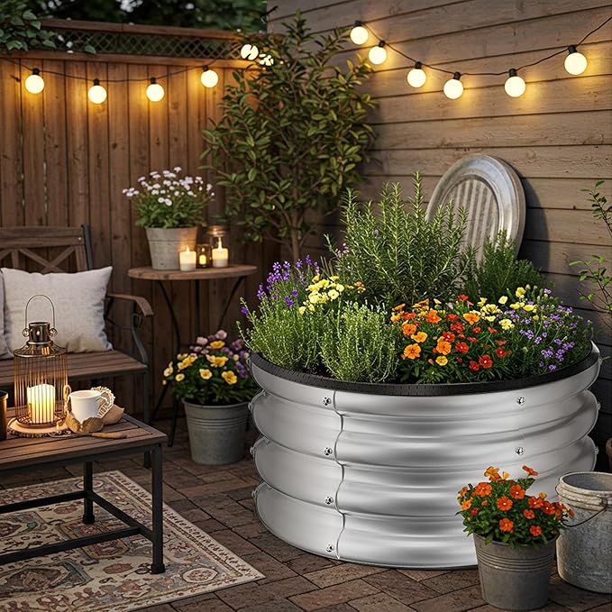 ZXZYHFTY Round Galvanized Raised Garden Bed kit,Silver Outdoor Garden Raised Planter Box, Round Large Metal Raised Garden Beds for Vegetable 2 * 2 * 1ft 3 Pcs
