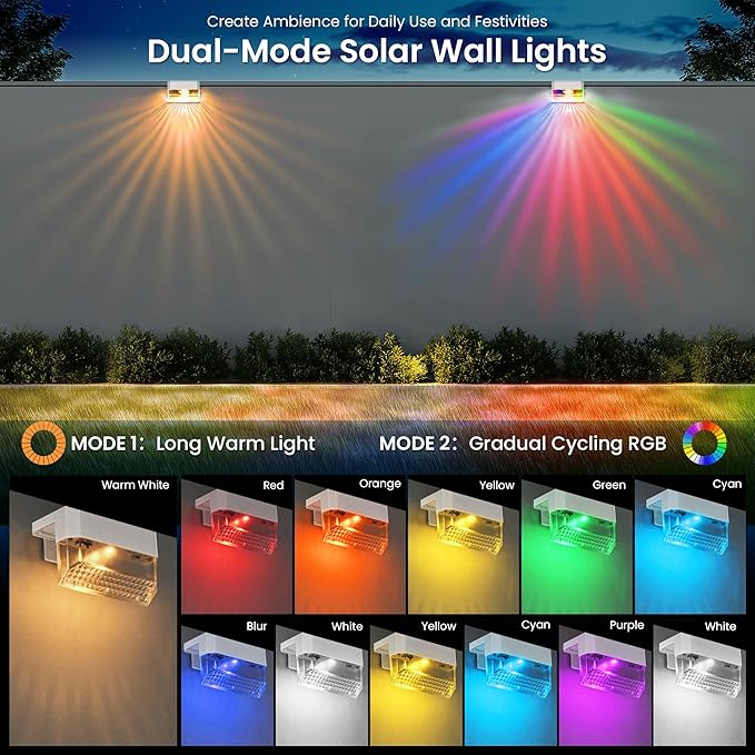 SOLPEX Solar Fence Lights Outdoor,Solar Deck Lights Waterproof Led Solar Lights for Outdoor Stairs,Step,Patio,Yard,Garden,Balcony and Porch,12 Pack Shell-Like Light Spots(White Shell,Warm White&RGB)