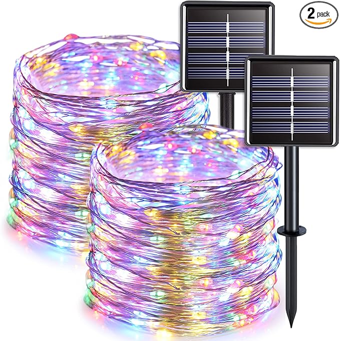 JMEXSUSS 2 Pack Solar String Lights Outdoor Waterproof, Each 33FT 100 LED Multi Colored Solar Fairy Lights, 8 Modes Easter String Light for Yard Patio Tree Garden Christmas Easter Decorations