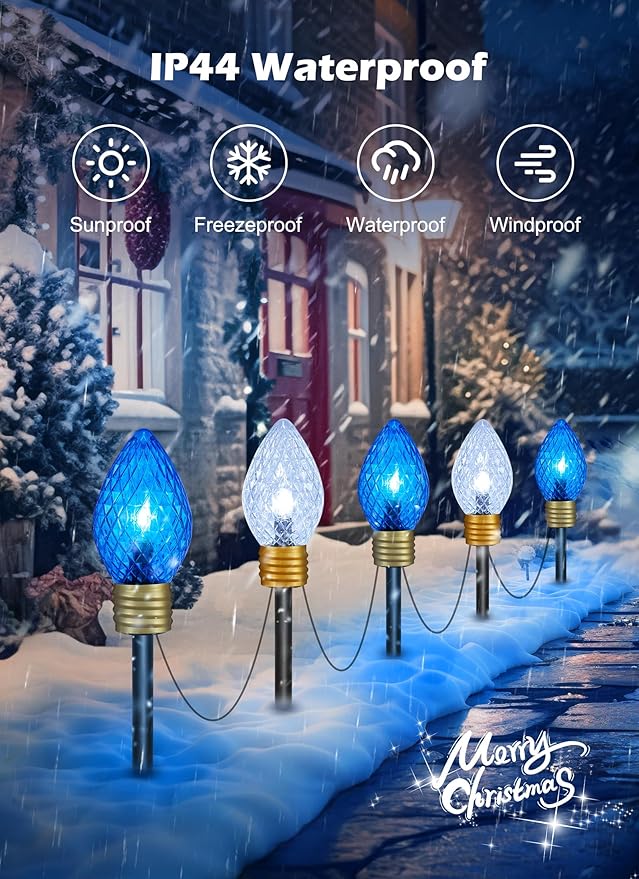 Moonflor Strawberry Jumbo C9 Christmas Pathway Lights Outdoor - 2Pack Total 17FT 10 LED C9 Walkway Light, Christmas Decoration Outside,Christmas Lights Outdoor for Lawn Yard Holiday, Blue & Pure White