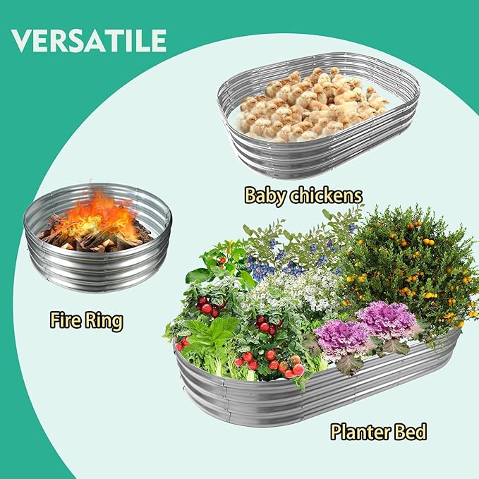 72X36X12 Inches Oval Galvanized Metal Garden Raised Bed/Plant Box for Planting,36 Inches Diameter Metal Fire Pit Ring,Small Animal Fence-3 in 1 Modular Design in Silver (6X3X1 FT, Oval)