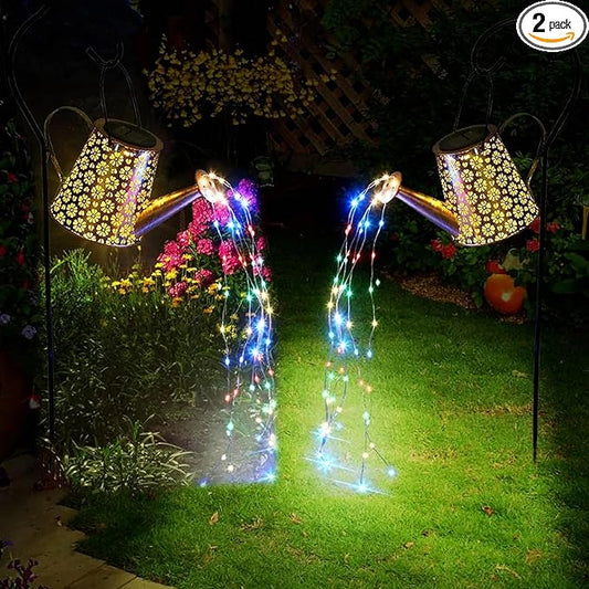 2 Pack Solar Watering Can Lights with Shepherd Hook, 8 Multi-Color Changing Modes, IP65 Waterproof, 60pcs String Lights for Outdoor Garden Pathway Lawn Patio Deck Walkway Courtyard