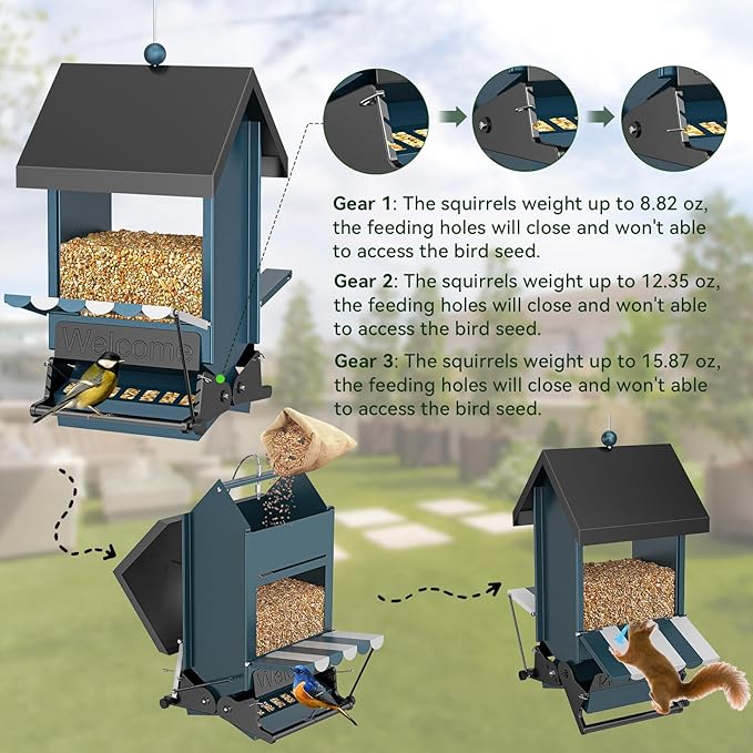 Weight Activated Squirrel Proof Bird Feeder with Canopy | 5LB Large Capacity, Weather-Resistant Design | Attracts Finches, Cardinals & More for Outdoor Bird Watching