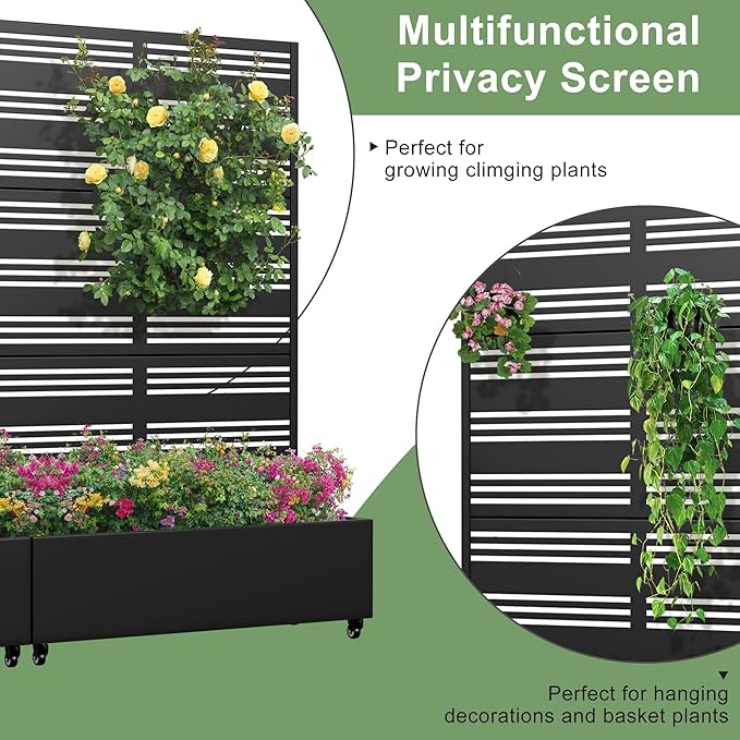 Casaphoria Metal Raised Garden Bed with Trellis and Wheels, 72"x47"x16" Planter Box for Climbing Plants, Vegetables & Vines, Features Drainage Holes and Privacy Screen (Black-Harold)