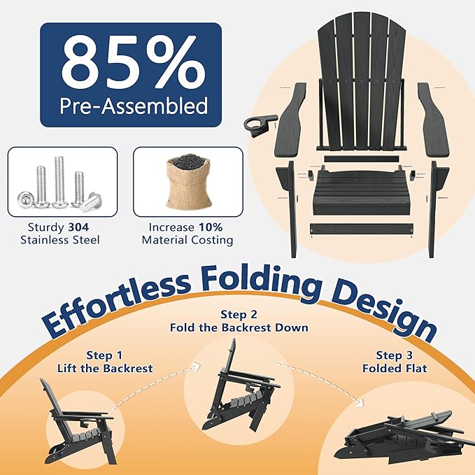 Folding Adirondack Chair with Cup Holder, HDPE All Weather Resistant Plastic Outdoor Patio Chairs, Heavy Duty Fire Pit Seating for Backyard Lawn Garden, Wooden Textured Design(Gray)