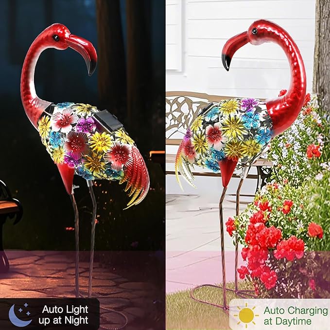 Solar Outdoor Garden Lights,25.3 Inch Height Metal Flamingo Sculptures Garden Statues,Mothers Day Ideal Gifts, Waterproof Path Lights Lawn Stake Ornaments for Patio Pathway Lawn Porch Yard Decoration