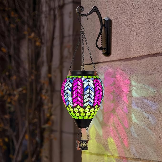 Mosaic Hot Air Balloon Solar Lanterns Outdoor Waterproof, Colorful Glass Solar Hanging Lantern Lights for Garden Patio Yard Gifts for Women Mom Grandma