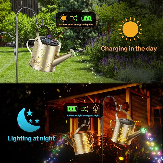 Solar Watering Can with Colorful Lighting, Waterproof Garden Decor, Birthday Gifts for Mom Grandma (Butterfly, 32 inch Shepherd Hook)
