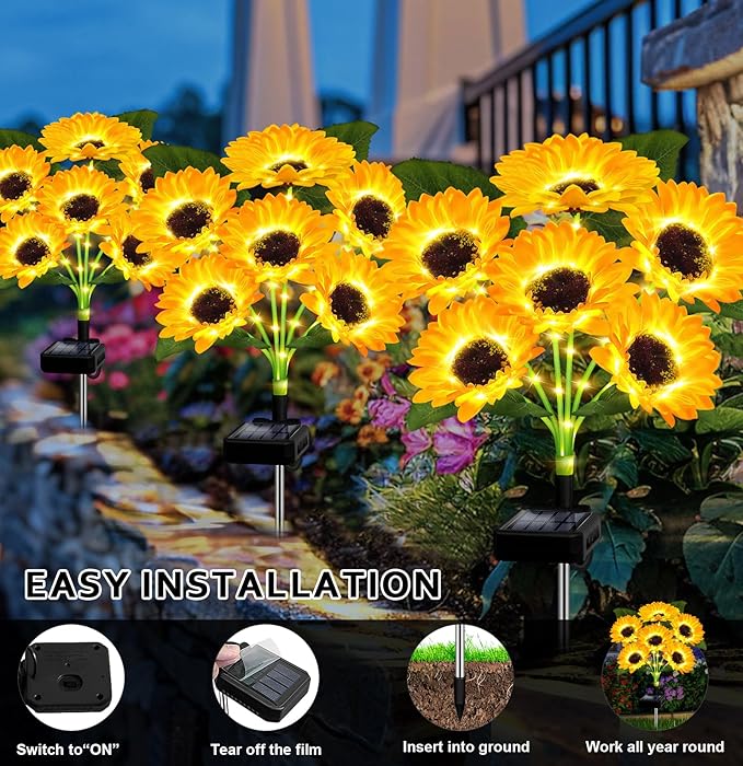 Solar Lights Outdoor Garden Decor,4 Pack with 24 Sunflower Lights,Solar Flowers Lights Waterproof,Sunflowers Gifts for Mom Women Grandma Birthday,Decorative Stakes Lights for Landscape Yard Patio Lawn