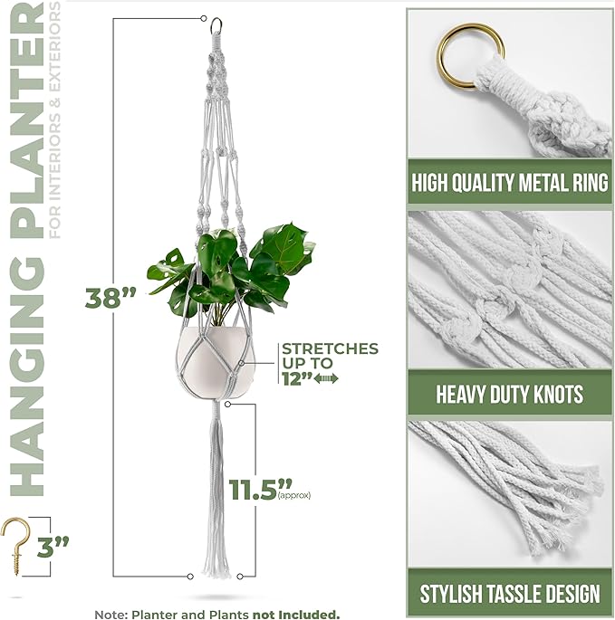 Sorbus Macrame Plant Hanger [4 Pack] Indoor Outdoor Hanging Plant Pots Cotton Rope, Elegant for Home, Patio, Garden White