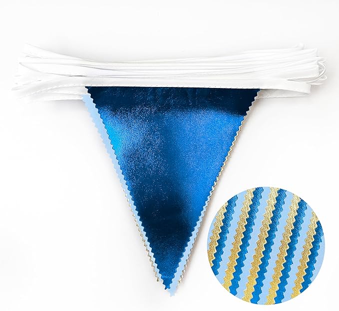 Gold Blue Party Decoration Gradient Blue and Gold Triangle Pennant Banner Flag Metallic Fabric Bunting Garland for Nautical Ahoy Achor Birthday Graduation Retirement Wedding Baby Shower Party Supplies