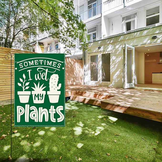Cute Funny Garden Flag Sometimes I Wet My Plant Lover Gift Outdoor Decorations Small Double Sided Burlap art Stained Glass Style Garden Flags 12 x 18 Inch for Outside