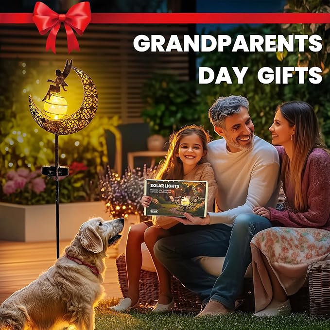 Fairy Moon Solar Lights Outdoor Garden Stakes, Waterproof Metal Decor Gifts for Women Mom, Art Moon Sculpture for Yard, Patio, Garden, Porch, 1 Pack