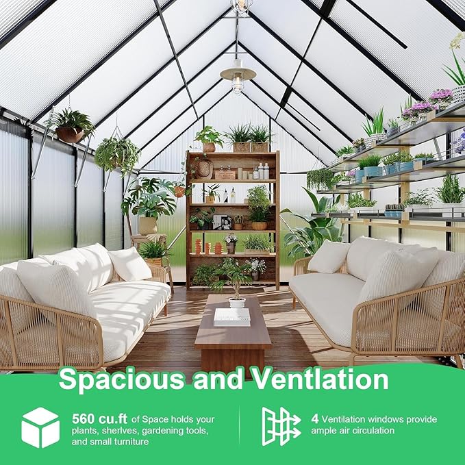 Greenhouse 6x11 FT Aluminum-Framed Heavy Duty Polycarbonate with Quick Setup Structure and Roof Vent Large Enhanced Outdoors Green House Kit