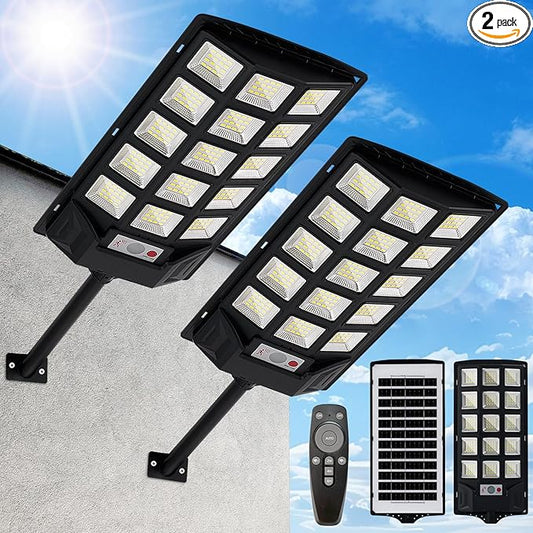 Solar Lights Outdoor,IP66 Waterproof Solar Street Lights with Motion Sensor & Remote,6500K Dusk to Dawn Street Lamps for Parking Lot/Yard/Garden(2 Pack)
