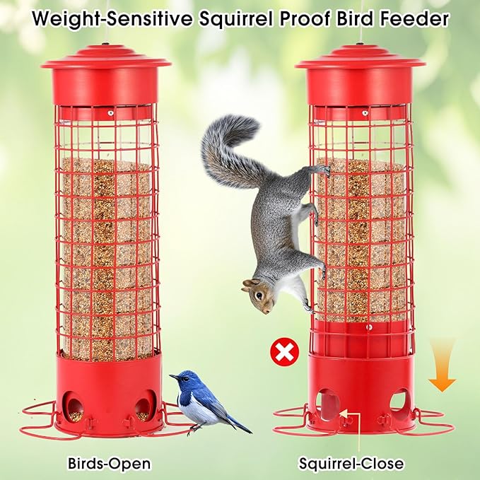 Squirrel Proof Bird Feeder for Outdoors, Weatherproof Metal Feeder, 4.5 lb Large Capacity, Weight-Activated Perches, Hanging Feeder for Cardinals, Finches, Wild Birds, Red