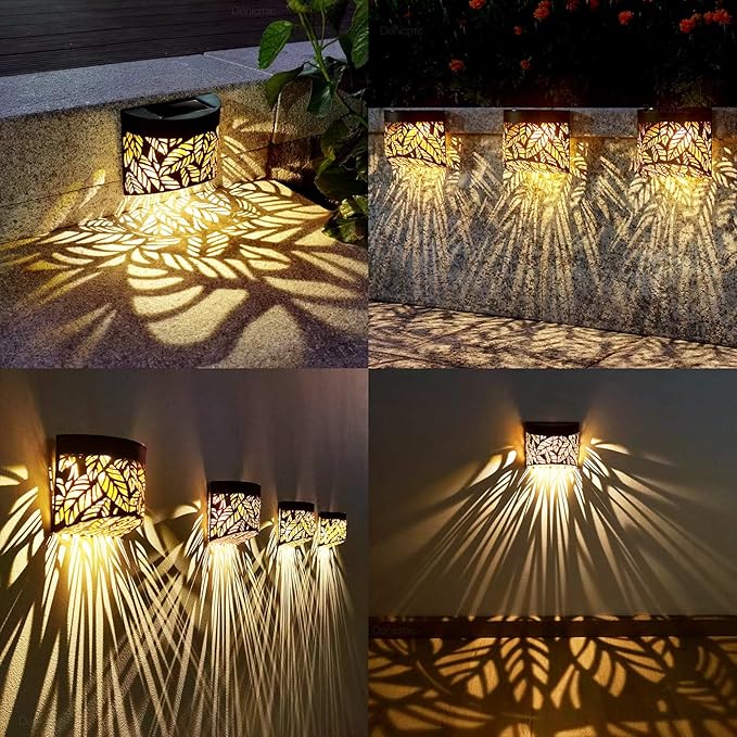 DenicMic Solar Wall Lights Outdoor 4 Pack Fence Solar Lights Led Waterproof Deck Lighting for Patio Pool Step Front Door, Metal Leaf Fence Decoration, Warm White/Color Changing