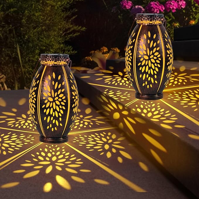 pearlstar 2 Pack Solar Lanterns Hanging Light Outdoor Waterproof Decorative Metal Solar Lamp for Table Garden Yard Patio Pathway,Copper,Birthday Gifts for Women Mom Men,Flower