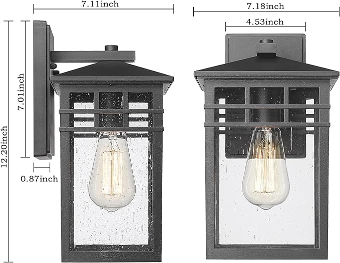 Outdoor Light Fixture Wall Mount, Modern Exterior Lights Fixture Wall Sconces with Seeded Glass for Front Porch, Farmhouse Rustic Waterproof Lantern Lamp in Black Finish for Home, Barn, Garage