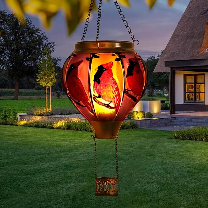 Cardinal Bird Hot Air Balloon Solar Lantern Lights, Solar Hot Air Balloon Flickering Flame Hanging Garden Light Candle LED Glass & Metal Outdoor Waterproof Lanterns Porch Yard Decor, Gift for Mom