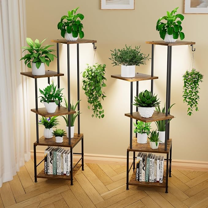 Plant Stand Indoor with Grow Light, 5-Tiered Tall Plant Stand Indoor, Metal Plant Shelf with Hanging Basket Hook and Adjustable Light, Ideal for Living Room, Garden, Patio,Brown and Black（2 pcs ）