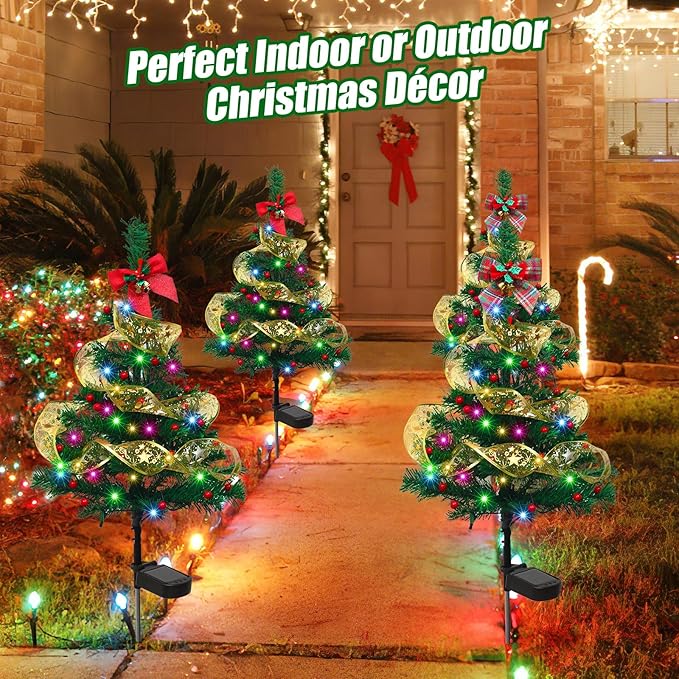 Libima 4 Pcs Solar Christmas Tree Garden Stake Lights Solar Outdoor 30 Inch Waterproof 80 LED Landscape Lights with 4 Bows 100 Artificial Berries and Ribbon for Xmas Decor Party Yard Patio Pathway