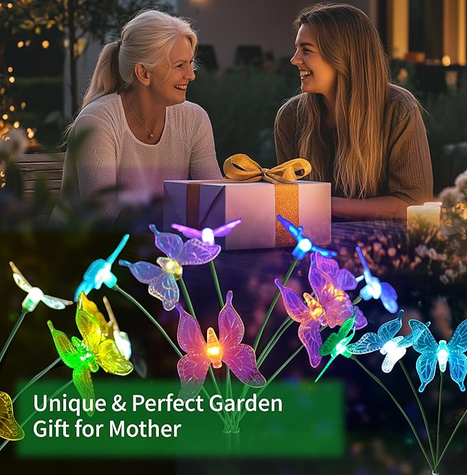 Solar Garden Lights, 2 Pack with 8 Butterfly Swaying Solar Lights Outdoor Decorations, Multi-Color Changing LED Solar Light Stakes, Solar Yard Lights for Garden Patio Lawn Yard Pathway Decor