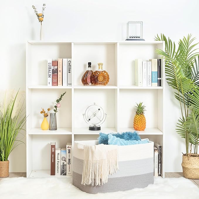 MINTWOOD Design 22in Extra Large Blanket Basket Holder Living Room, Rectangle Rope Woven Storage Basket with Handles for Laundry, Pool Towels, and Shoes, Dog Toy Organizer Bin Box, 3-Tone Light Gray