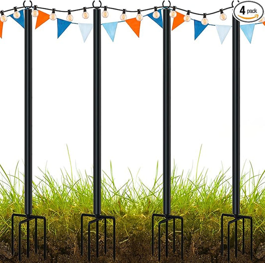 LAND·VOI Metal String Light Poles for Outside Hanging - Backyard, Garden, Patio, 4 Pack Lighting Stand with Adjustable Height for Outdoor Parties, Wedding, Extra-Long 5-Prong Claws, (9.6FT) FLP04B